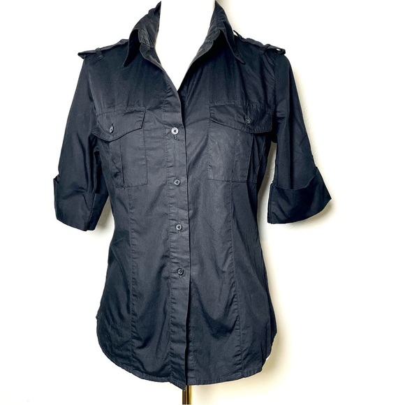 Norma Kamali Contrast Ribbed Button Down Shirt Short Sleeve Black Women's M - Picture 6 of 12